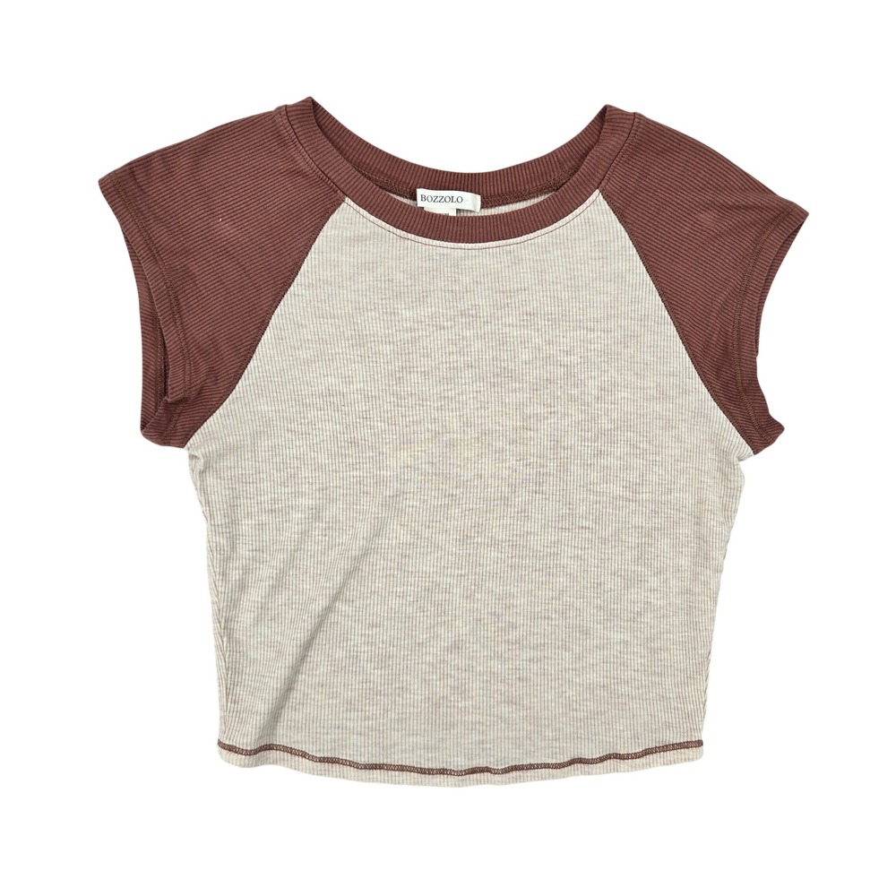 Bozzolo MEDIUM Raglan Ribbed Crop Top Womens Brown Oatmeal Coquette Aesthetic
